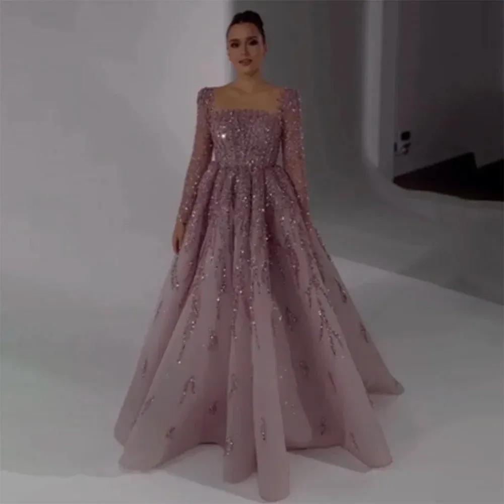 Diynav Pink Long Sleeves Dubai Luxury Evening Dresses Gowns For Party HZ1017