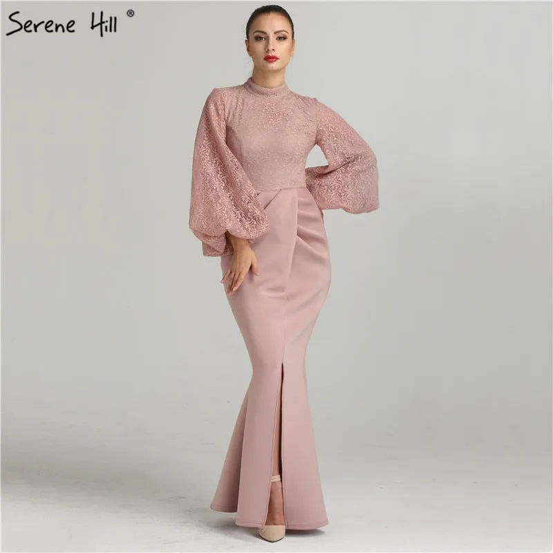 Diynav Sale No Return No Refund Sale Muslim Pink Mermaid Lantern Sleeves Evening Dresses Gowns 2025 Split Elegant For Woman Party HZ1017