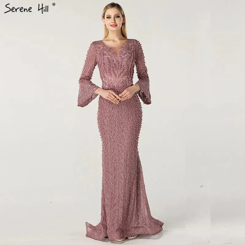 Diynav Sale No Return No Refund Muslim Pink Mermaid Luxury Lace Beaded Pearls Long Sleeves Evening Dress Formal Party Gown 2025 Plus Size HZ1017