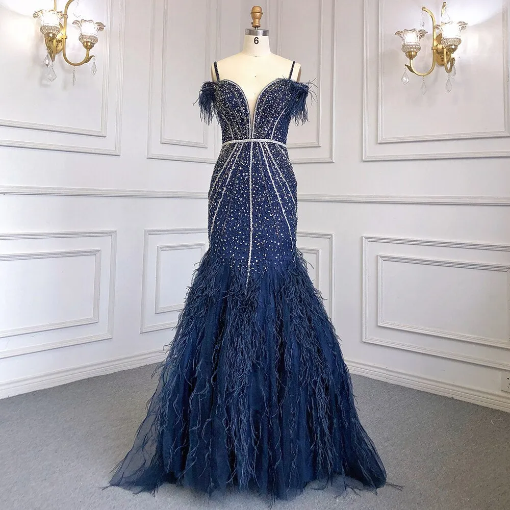 Diynav Feathers Navy Blue Prom Evening Dresses HZ1017