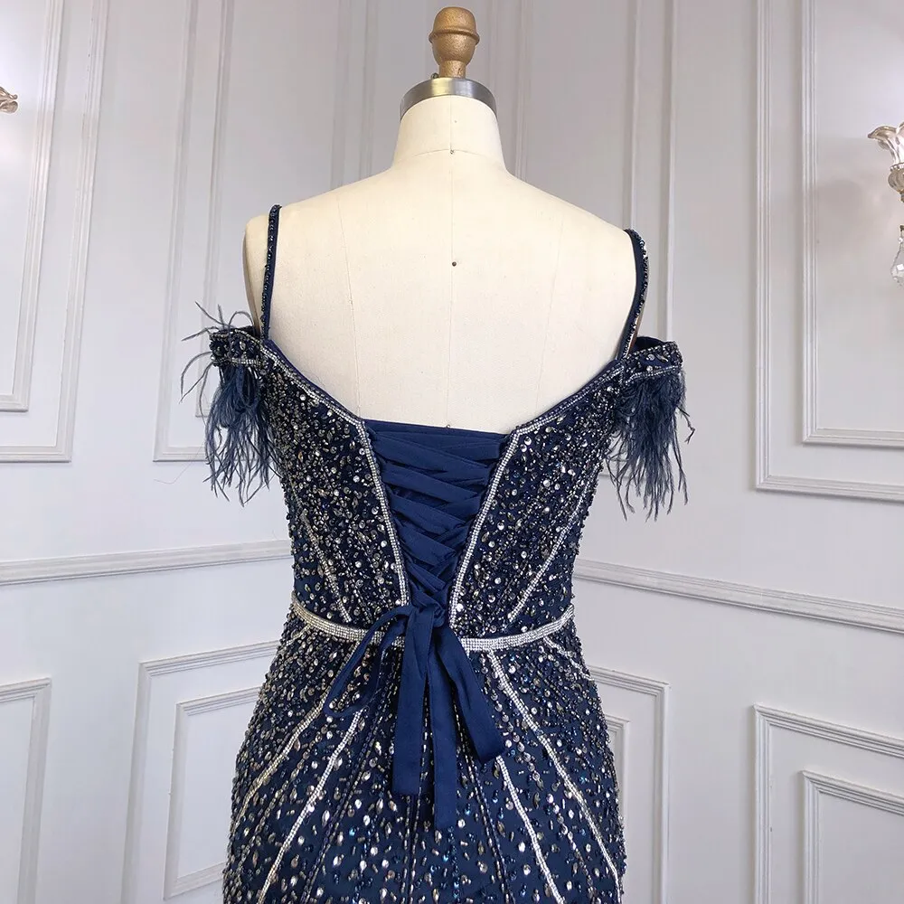 Diynav Feathers Navy Blue Prom Evening Dresses HZ1017 - Image 6