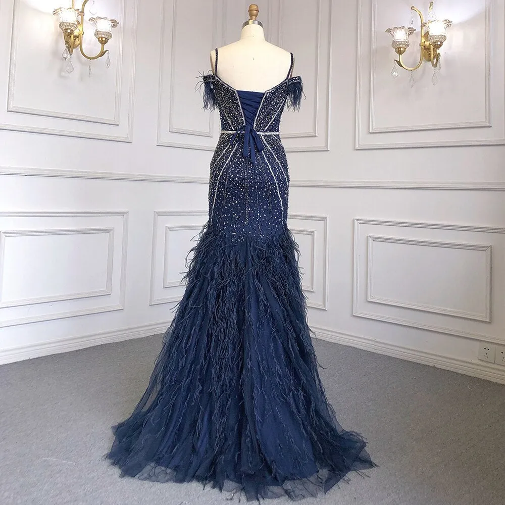 Diynav Feathers Navy Blue Prom Evening Dresses HZ1017 - Image 4
