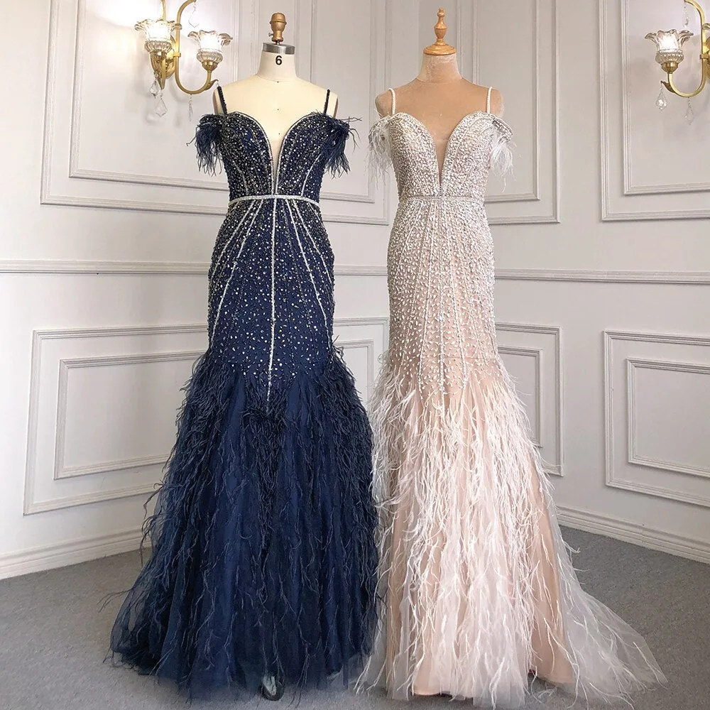 Diynav Feathers Navy Blue Prom Evening Dresses HZ1017 - Image 2