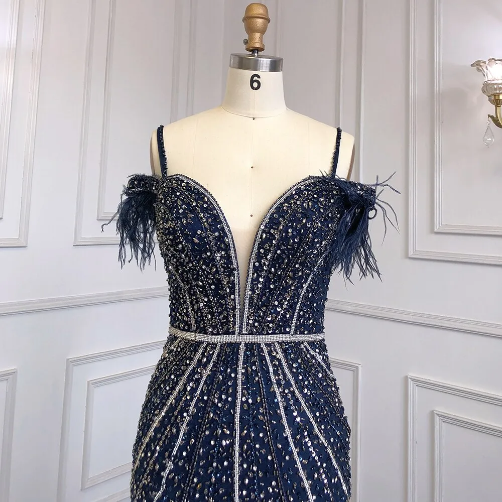 Diynav Feathers Navy Blue Prom Evening Dresses HZ1017 - Image 5