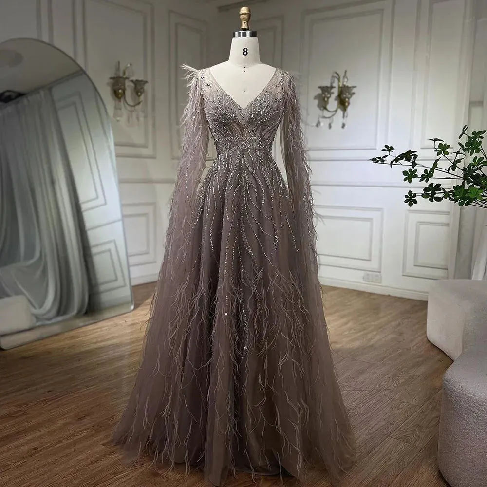 Diynav Nude A-line Evening Dresses with Cape Sleeves HZ1017