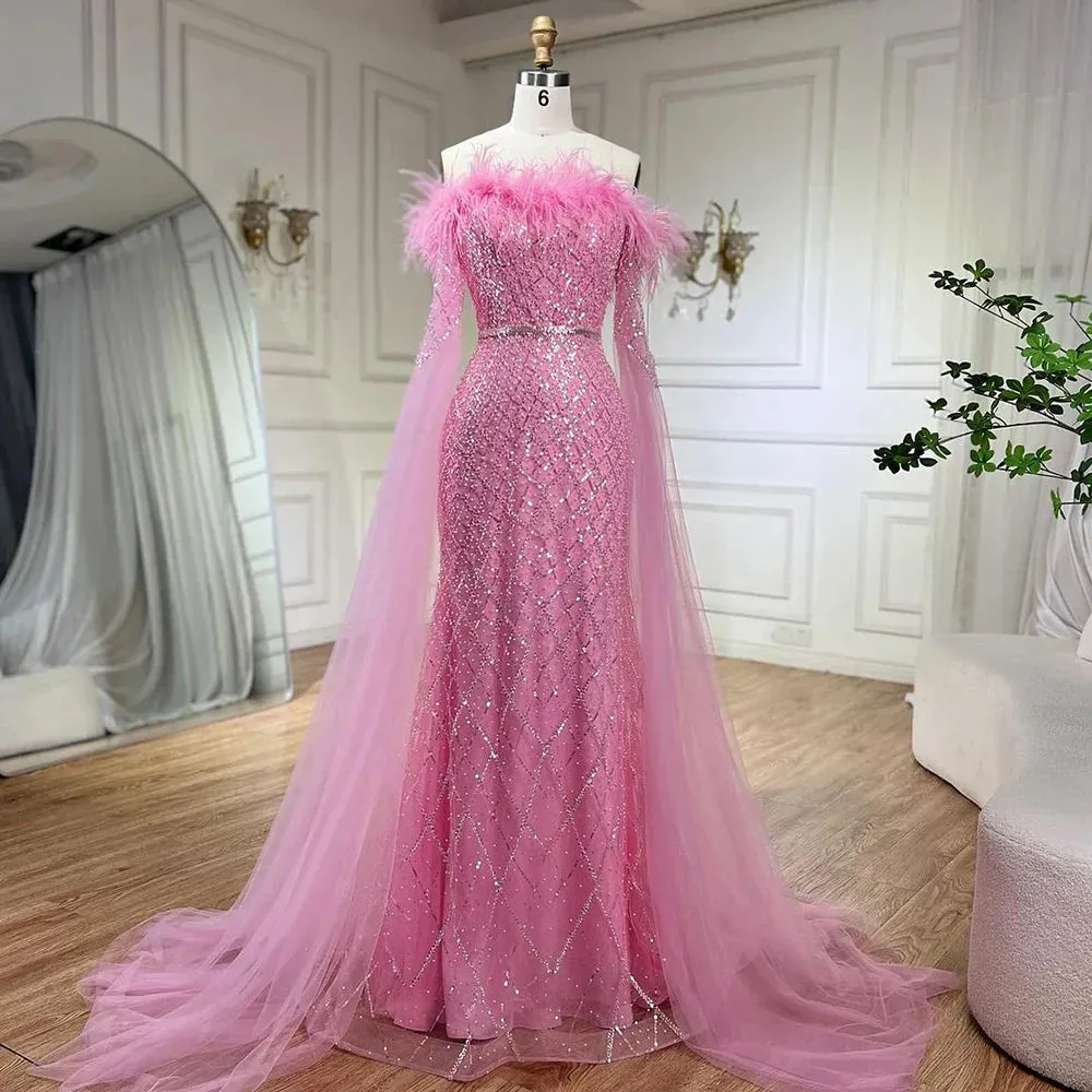 Diynav Feather Pink Evening Dress with Cape Sleeves HZ1017
