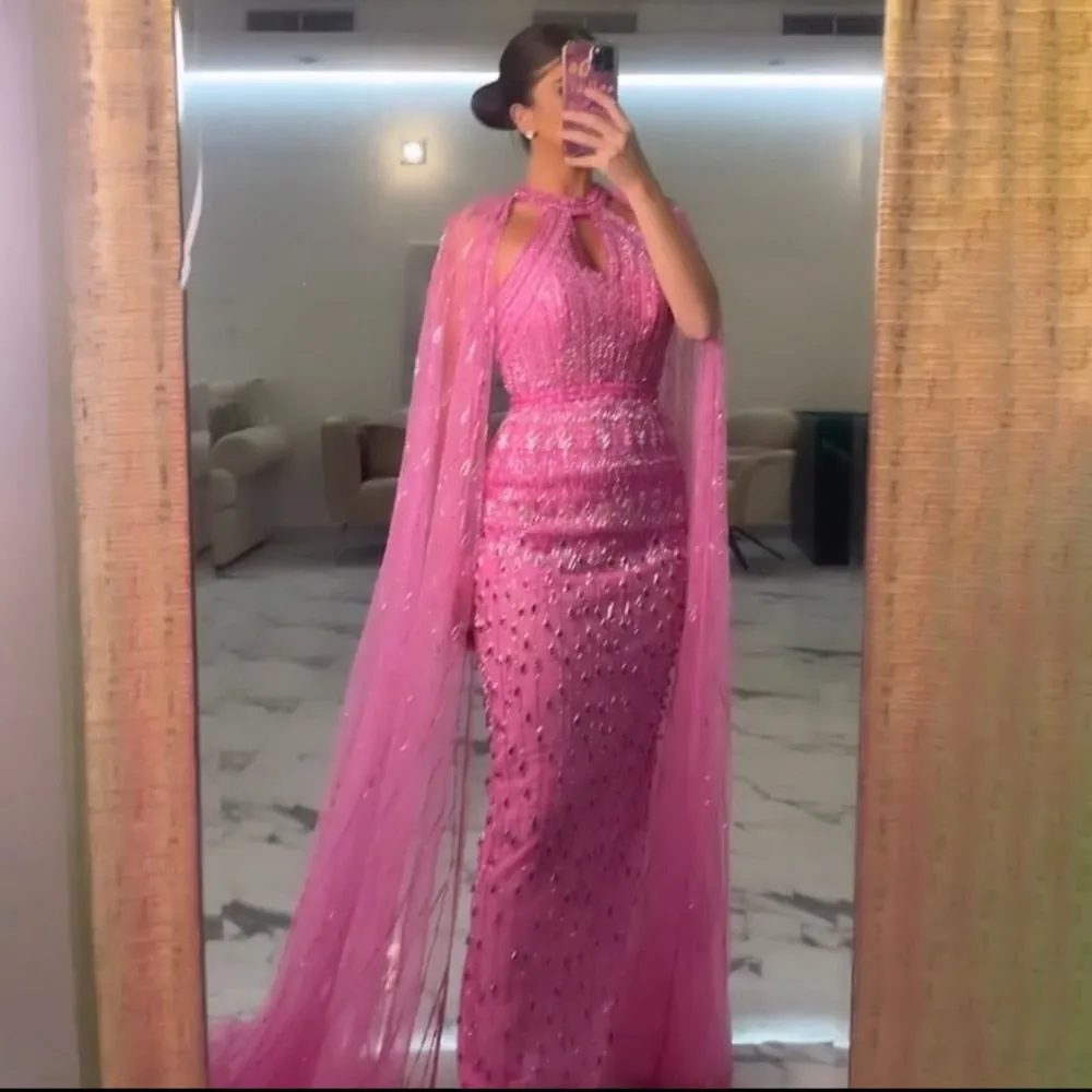 Diynav Dubai Mermaid Fuchsia Evening Dresses with Cape Sleeves HZ1017