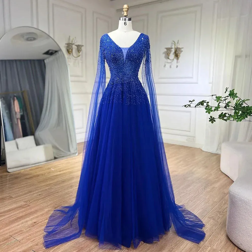 Diynav Blue Luxury Dubai Evening Dress with Cape Sleeves HZ1017