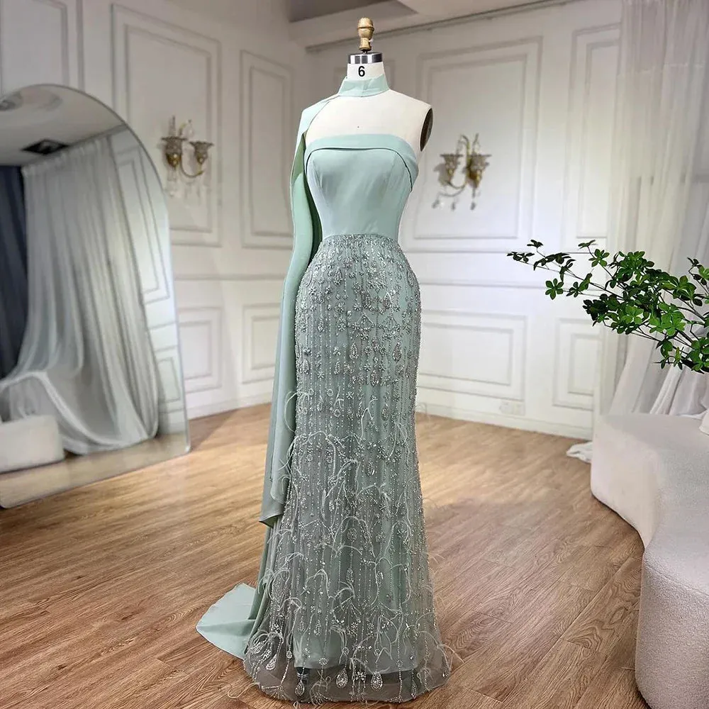 Diynav Sage Green Feathers Evening Dress with Scarf Cape HZ1017