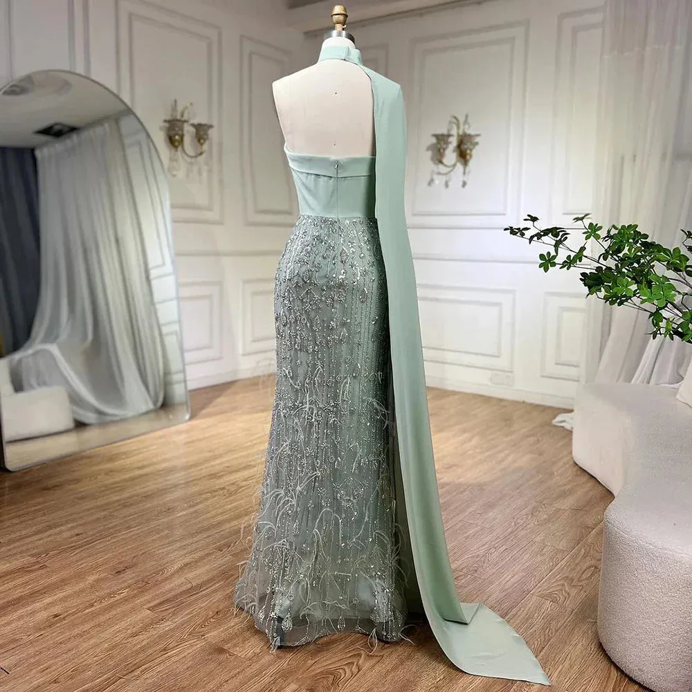 Diynav Sage Green Feathers Evening Dress with Scarf Cape HZ1017 - Image 2