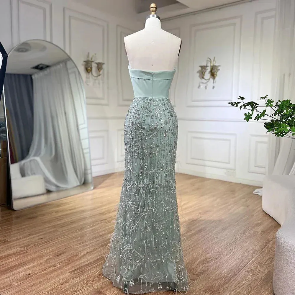 Diynav Sage Green Feathers Evening Dress with Scarf Cape HZ1017 - Image 4