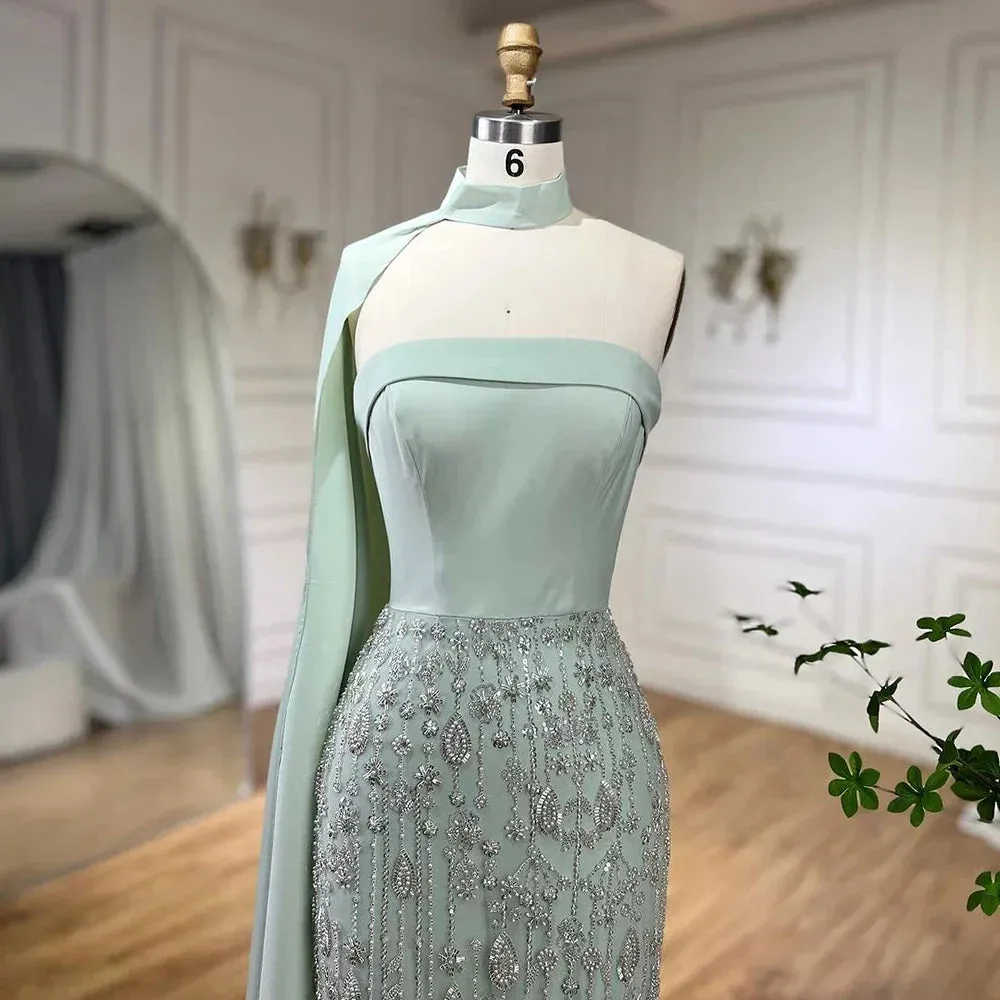 Diynav Sage Green Feathers Evening Dress with Scarf Cape HZ1017 - Image 5