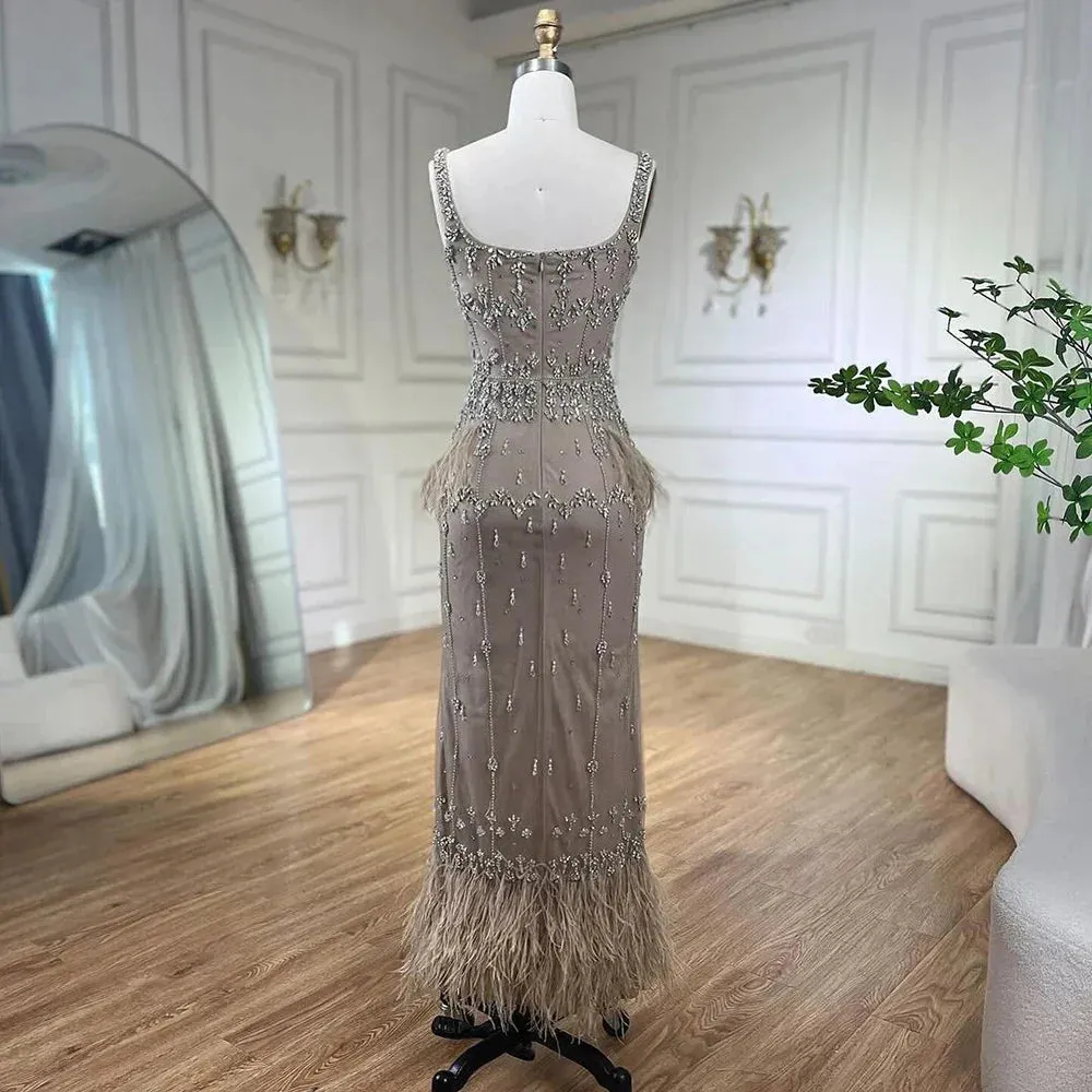 Diynav Mermaid Ankle Length Beaded Evening Dress Gown with Feathers HZ1017 - Image 6