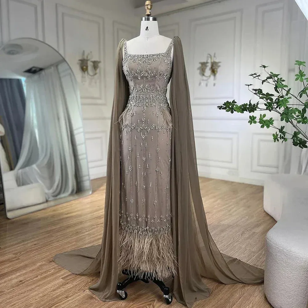 Diynav Mermaid Ankle Length Beaded Evening Dress Gown with Feathers HZ1017 - Image 2