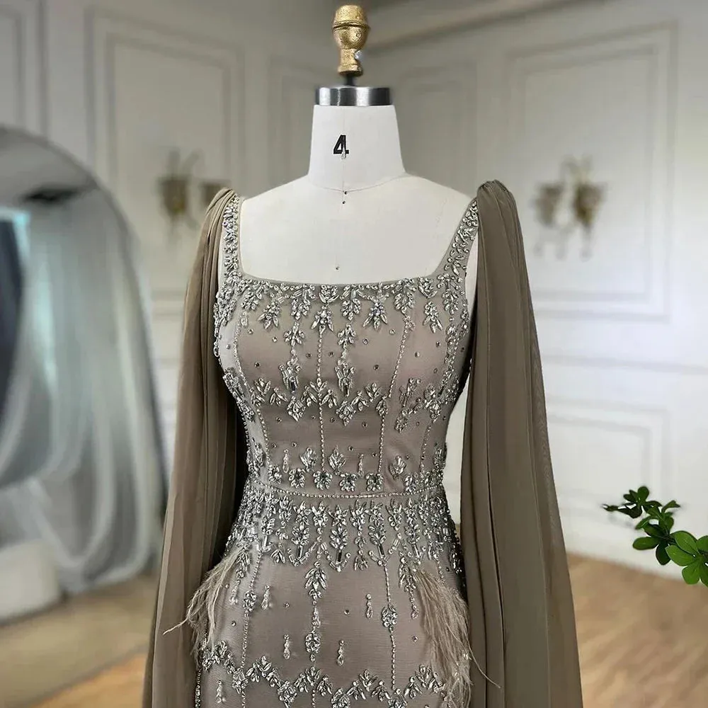 Diynav Mermaid Ankle Length Beaded Evening Dress Gown with Feathers HZ1017 - Image 7