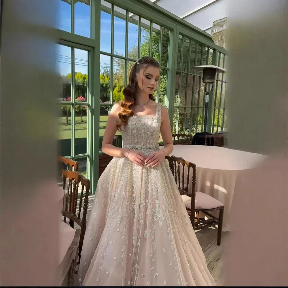 Diynav Arabia Nude Square Neck Elegant A-Line Evening Dress Beaded for Formal Occasion HZ1017