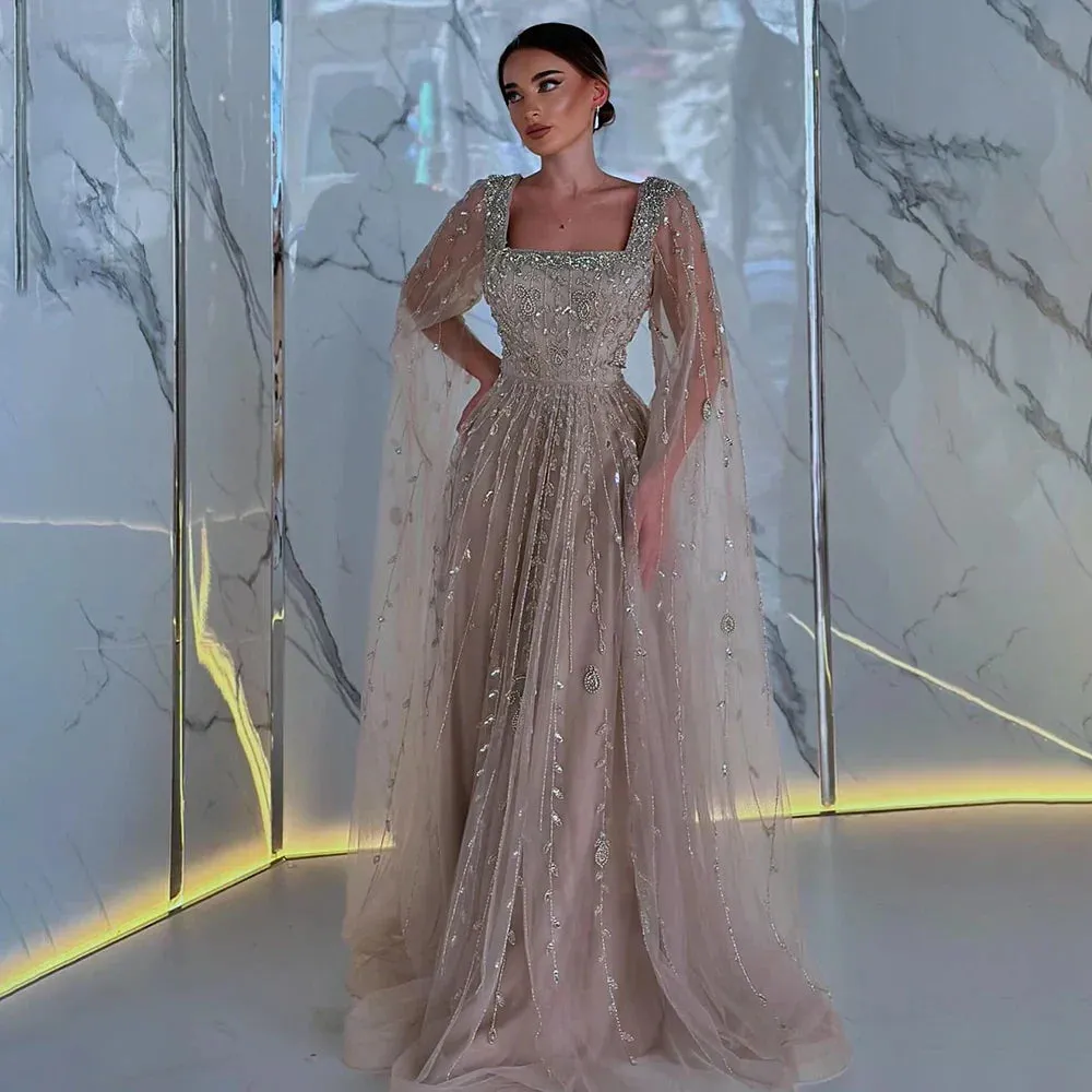 Diynav Caramel Beaded A-Line Luxury Evening Dress Gown with Cape Sleeves HZ1017
