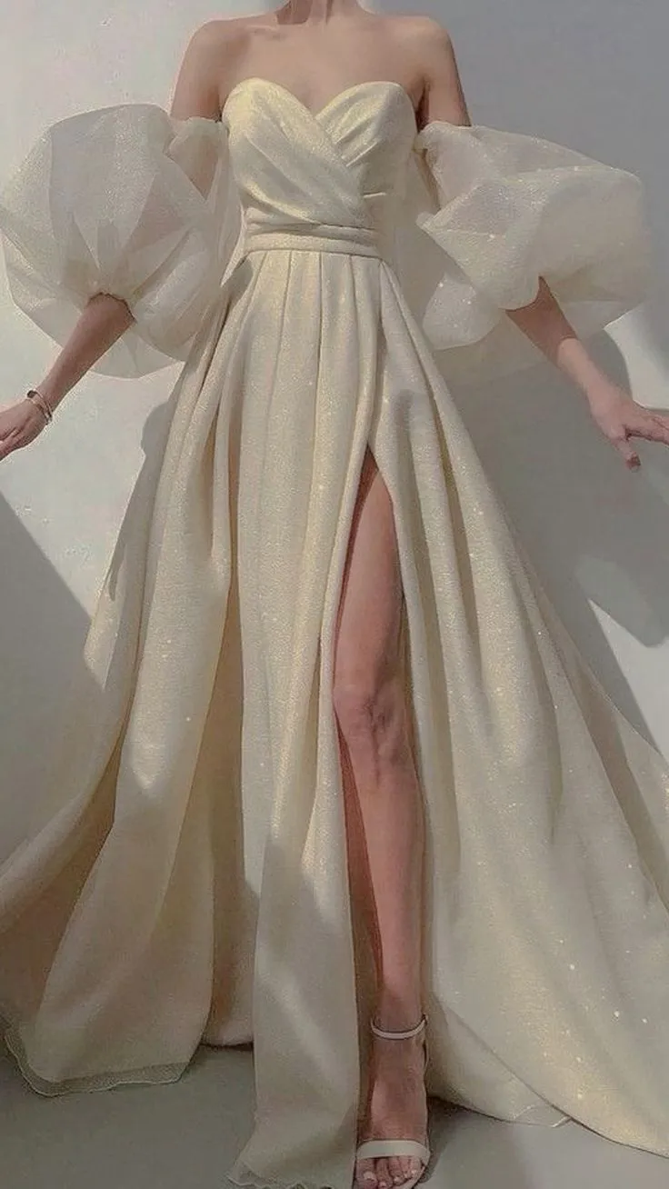 Diynav Puffy Sleeves Prom Dresses Glitter Ball Gown Party Dresses Tulle Sweep Train Prom Evening Dresses HZ1017