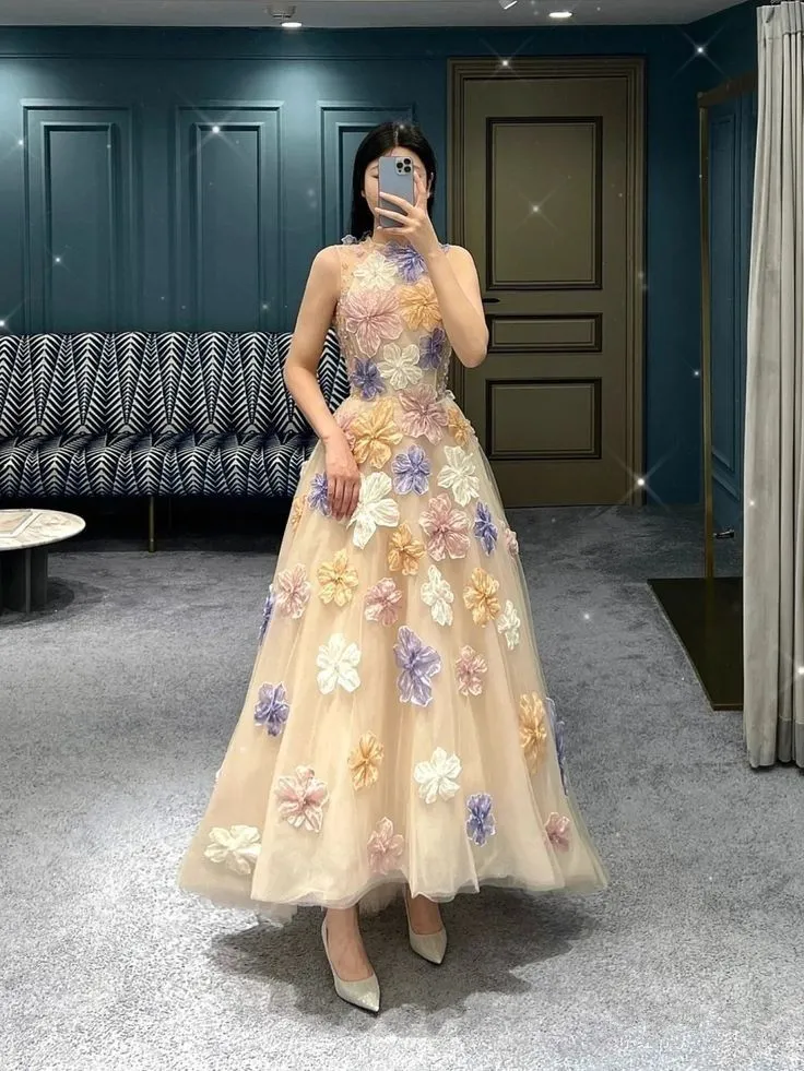 Diynav A-line Tulle Prom Dress with Flowers Formal Evening Dress HZ1017