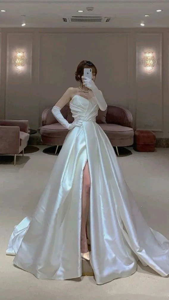 Diynav White Satin Wedding Dress,Simple White Bridal Dress HZ1017