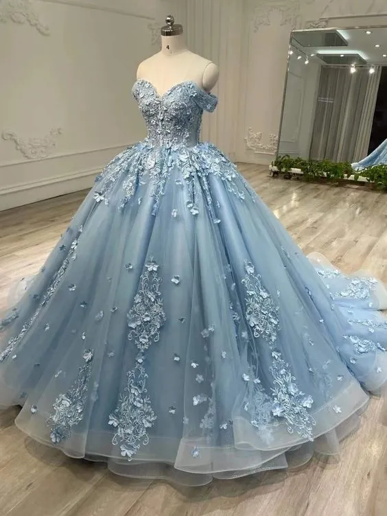 Diynav Blue Off the Shoulder Ball Gown for Women HZ1017