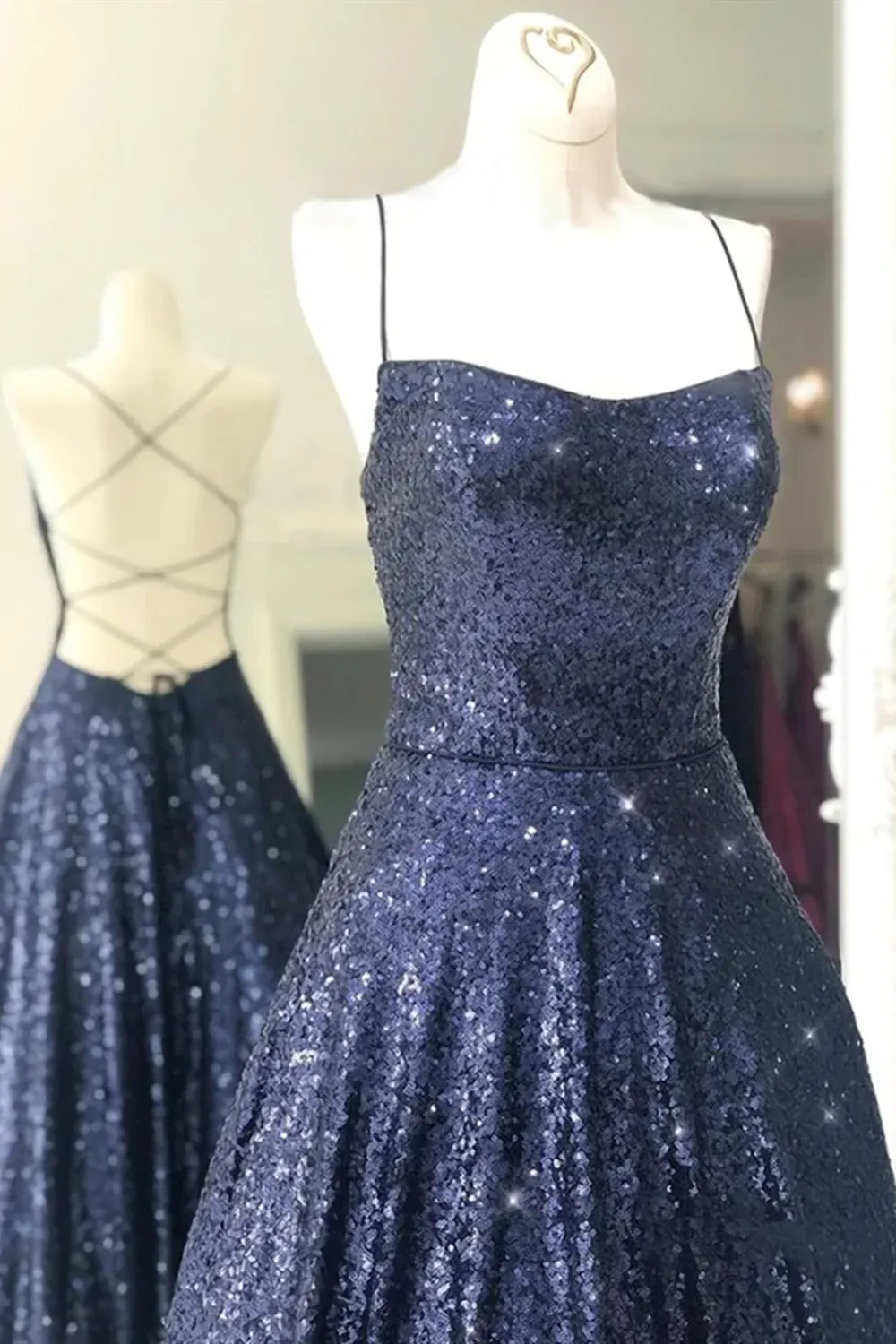 Diynav Backless Navy Blue Long Prom Dresses, Open Back Long Navy Blue Formal Evening Dresses HZ1017