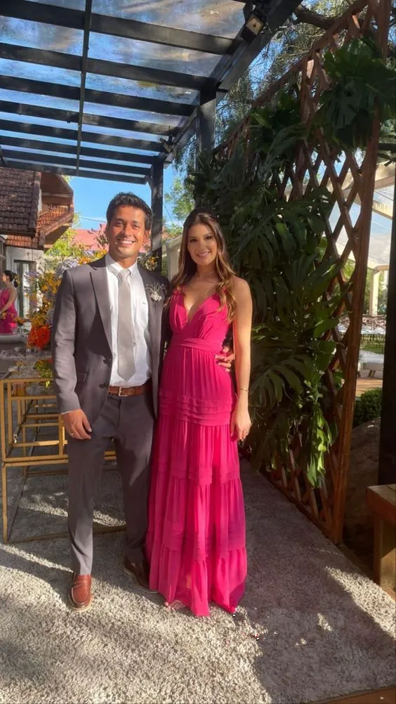 Diynav Hot Pink V-Neck Sleeveless Prom Dresses Evening Dress HZ1017