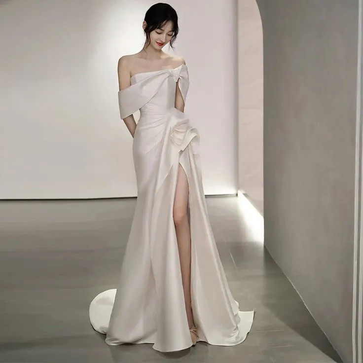 Diynav Shoulder Satin Wedding Dress White Mermaid Long Bridal Gown with Slit HZ1017
