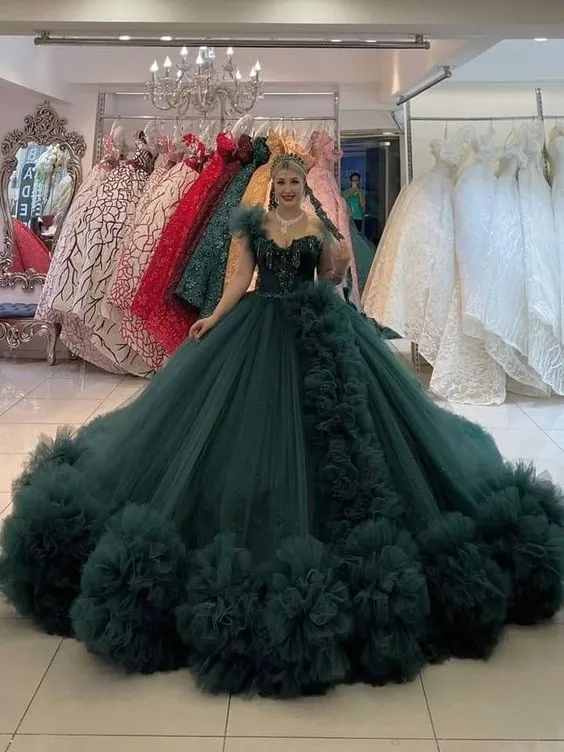 Diynav Green Tulle Ball Gown,Sweet 16 Dress HZ1017