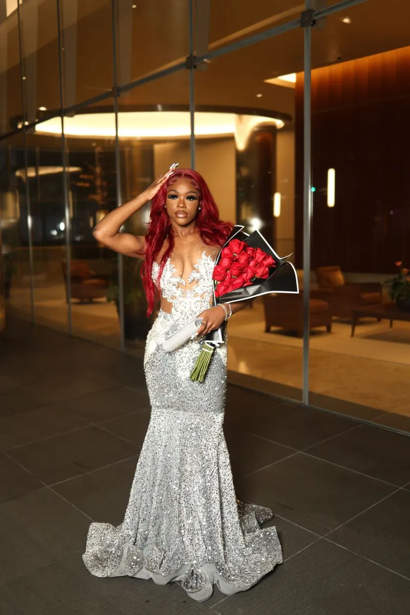 Diynav Silver Sequins Mermaid Evening Dress For Black Girls HZ1017