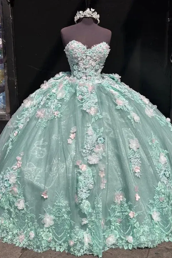 Diynav Strapless Lace Appliques Ball Gown,Green A Line Birthday Quinceanera Dress HZ1017