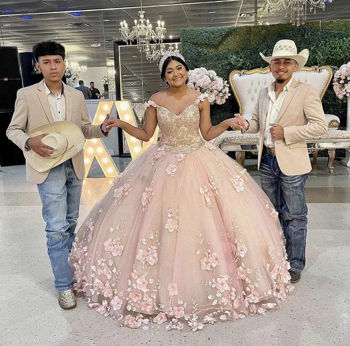 Diynav Pink 3D Flowers Quinceanera Dress,Pink Tulle Ball Gown HZ1017