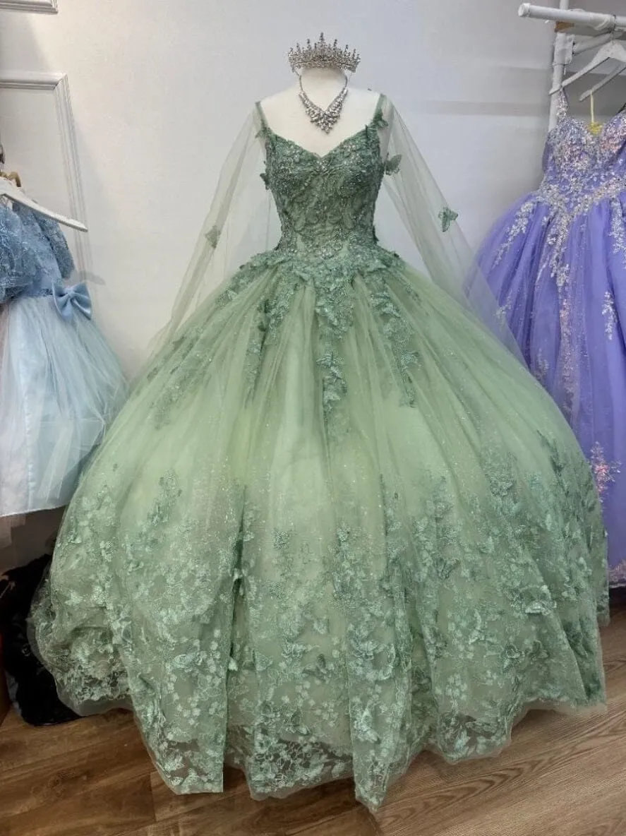 Diynav Green 3D Butterfly Applique Cape Ball Gown HZ1017