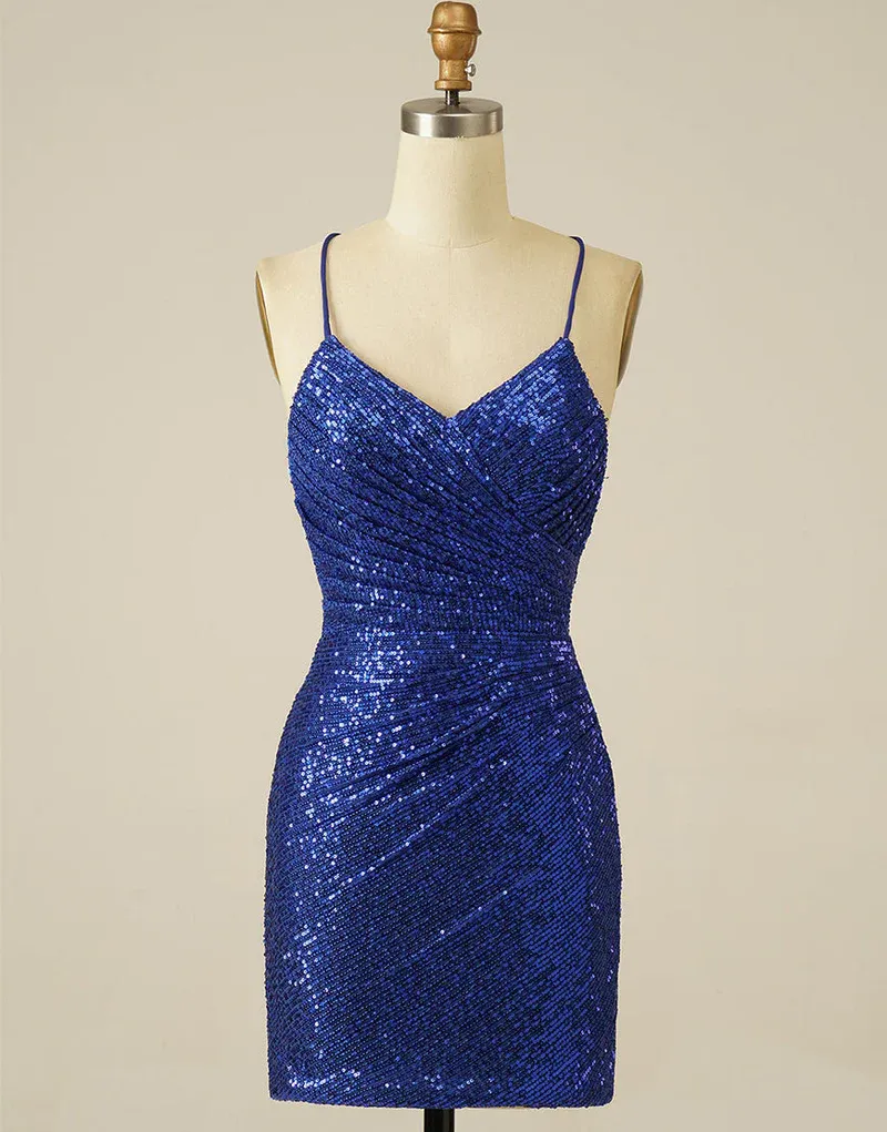 Diynav Blue Sheath Sequin Lace Up Homecoming Dress HZ1017