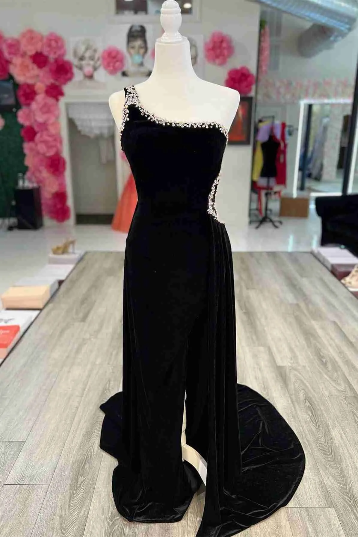 Diynav One Shoulder Black Velvet Long Formal Dress,Sexy Evening Dress HZ1017