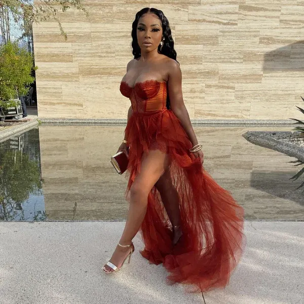 Diynav Lace Tulle Ruffle High Slit Plus Size Evening Dress HZ1017