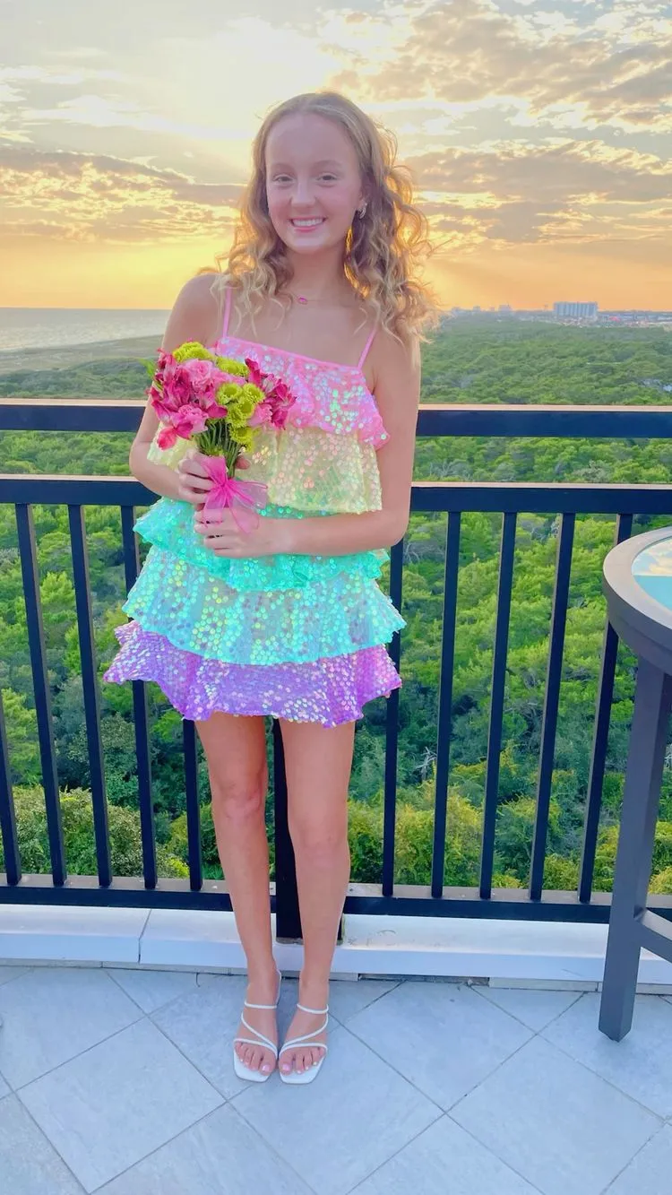 Diynav Women Shiny Sequin Sparkle Homecoming Dress Sleeveless Glitter Layered Rainbow Ruffle Dress Party Club Night Dress HZ1017