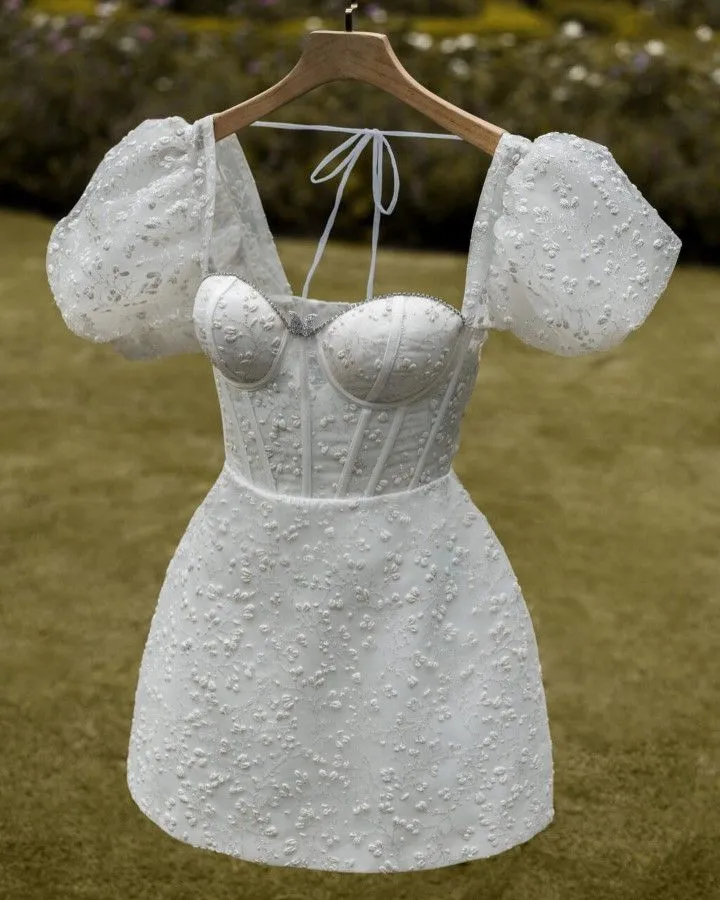 Diynav White Homecoming Dress with Puff Sleeves HZ1017