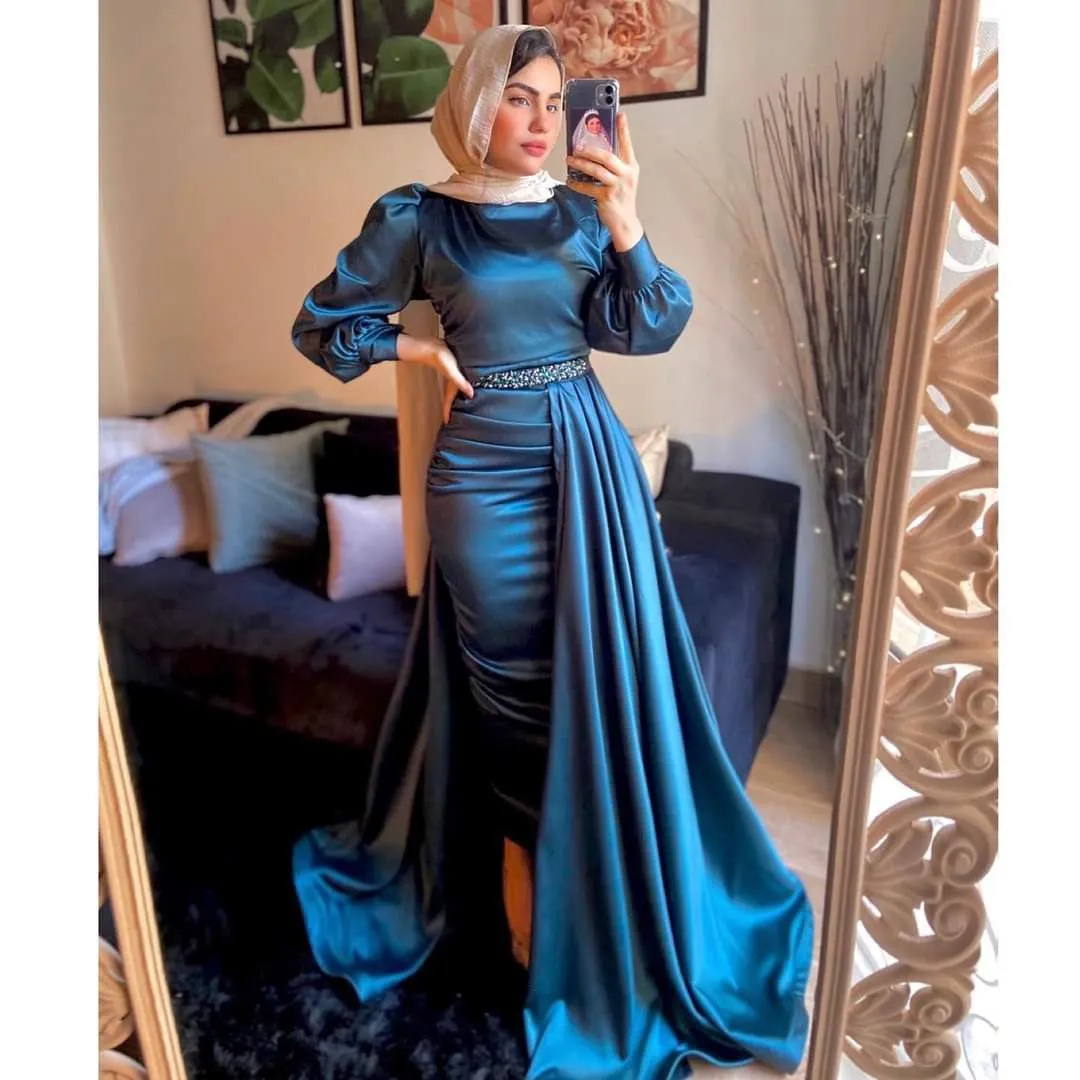 Diynav Evening Dress Muslim High Neck Waist Beaded Long Sleeves HZ1017 - Image 2