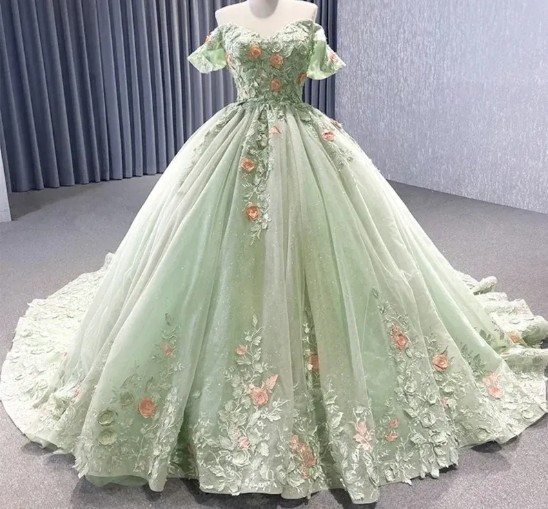 Diynav Green Off The Shoulder Floral Appliqu��|s Shimmering Lace Up Back Quincea?era Pageant Special Occasion Gala Ball Gown HZ1017