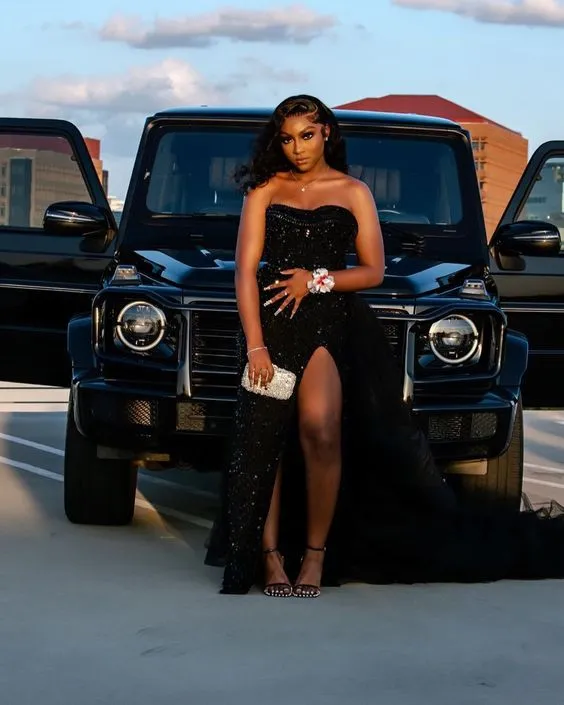 Diynav Black Sequins Long Evening Dress with Split HZ1017 - Image 2