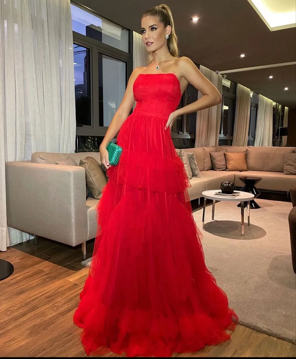 Diynav Strapless Tulle Prom Dress,Red Long Evening Dress HZ1017