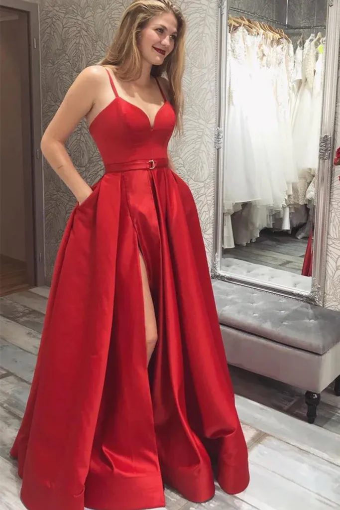 Diynav V Neck Red Satin Long Prom Dress with High Slit, V Neck Red Formal Graduation Evening Dress HZ1017 - Image 2