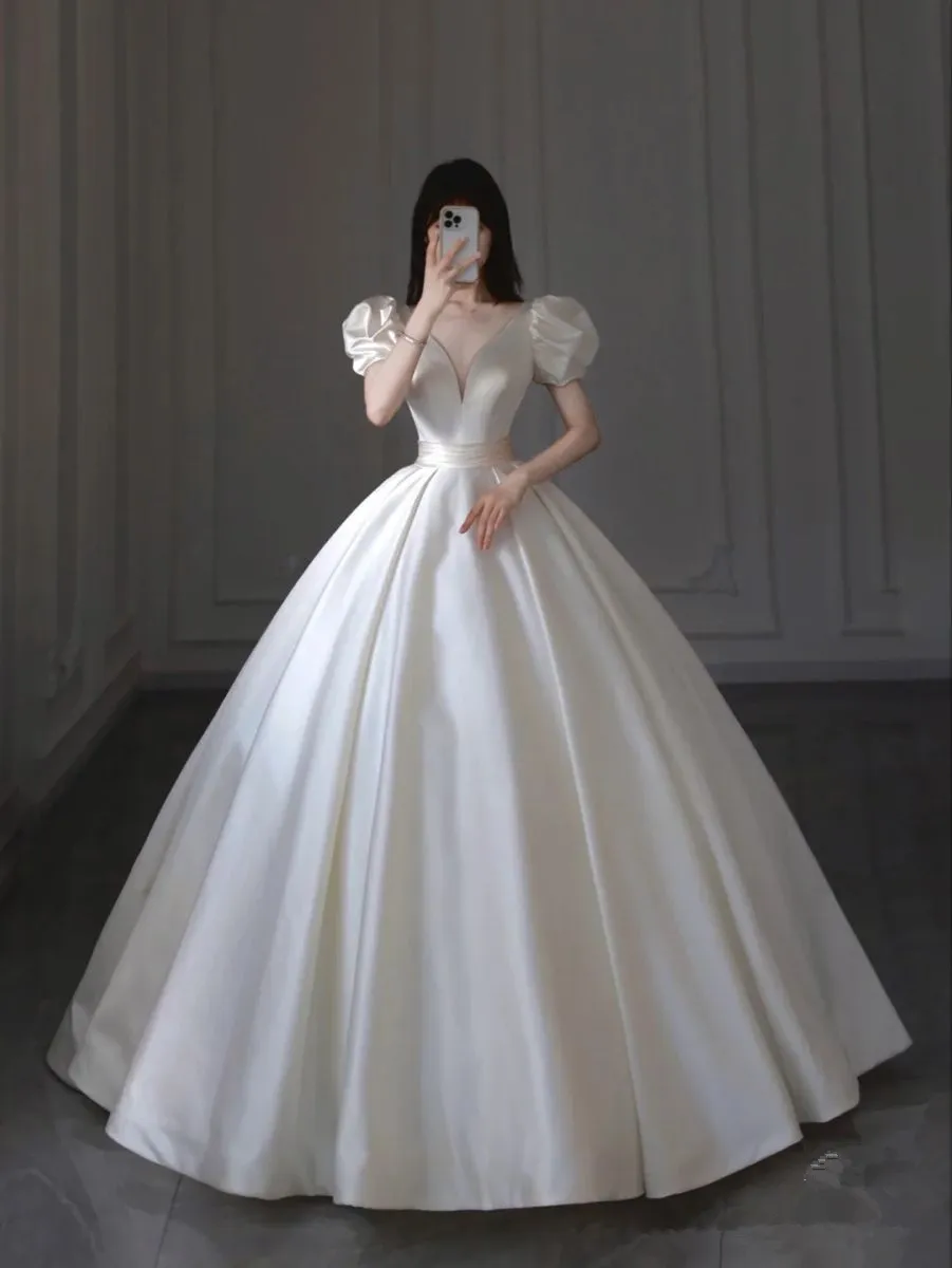 Diynav White Satin Wedding Dress,White Bridal Dress HZ1017