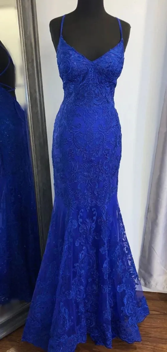 Diynav Mermaid V Neck Royal Blue Lace Evening Dress HZ1017