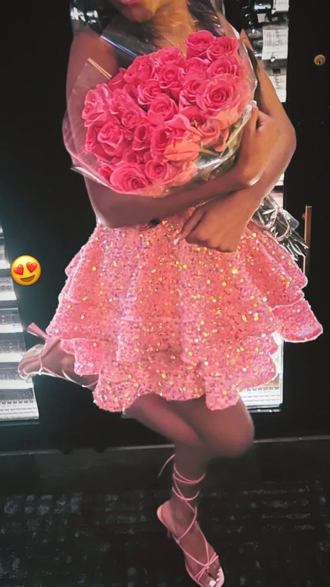 Diynav Halter Sequin Cocktail Dresses Pink A-line Homecoming Dress HZ1017