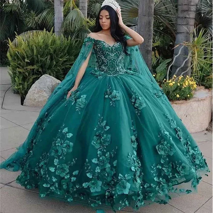 Diynav Quinceanera Dress Off Shoulder Sweetheart Beading With 3D Flowers Ball Gown Cloak Tulle Robe De Soir��|e HZ1017