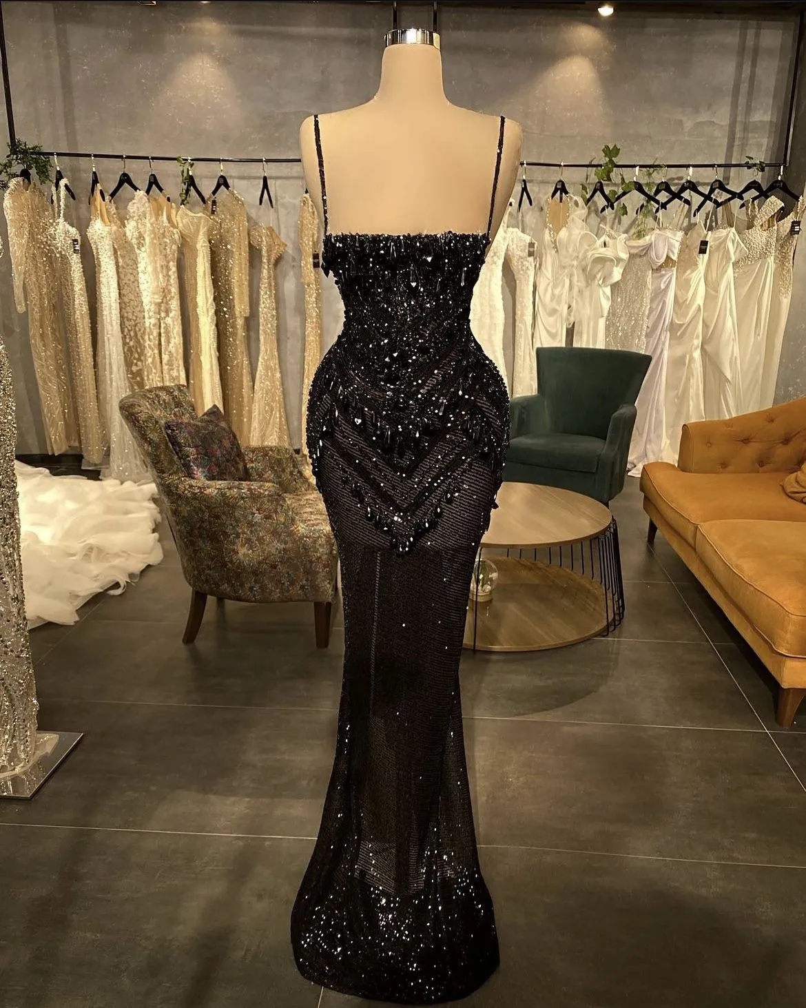 Diynav Sexy Black Prom Dresses Mermaid Sparkly Crystals Cocktail Dresses Spaghetti Beach Evening Dresses For Women HZ1017