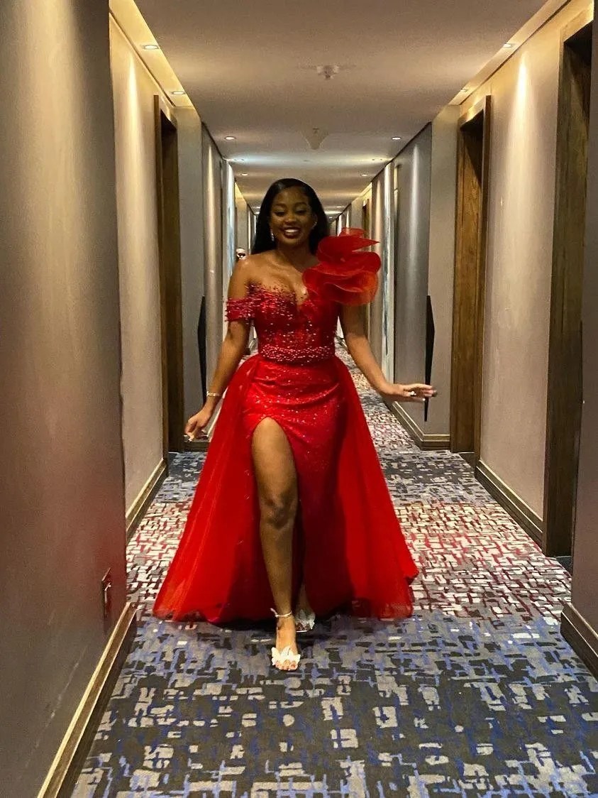 Diynav Red Mermaid Evening Dress With Split For Black Girls HZ1017