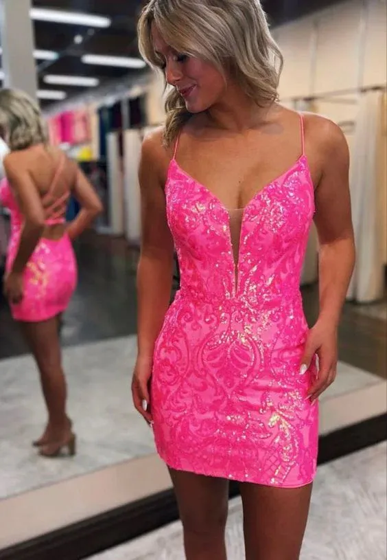 Diynav pink sequins prom dress Short Homecoming Dresses HZ1017